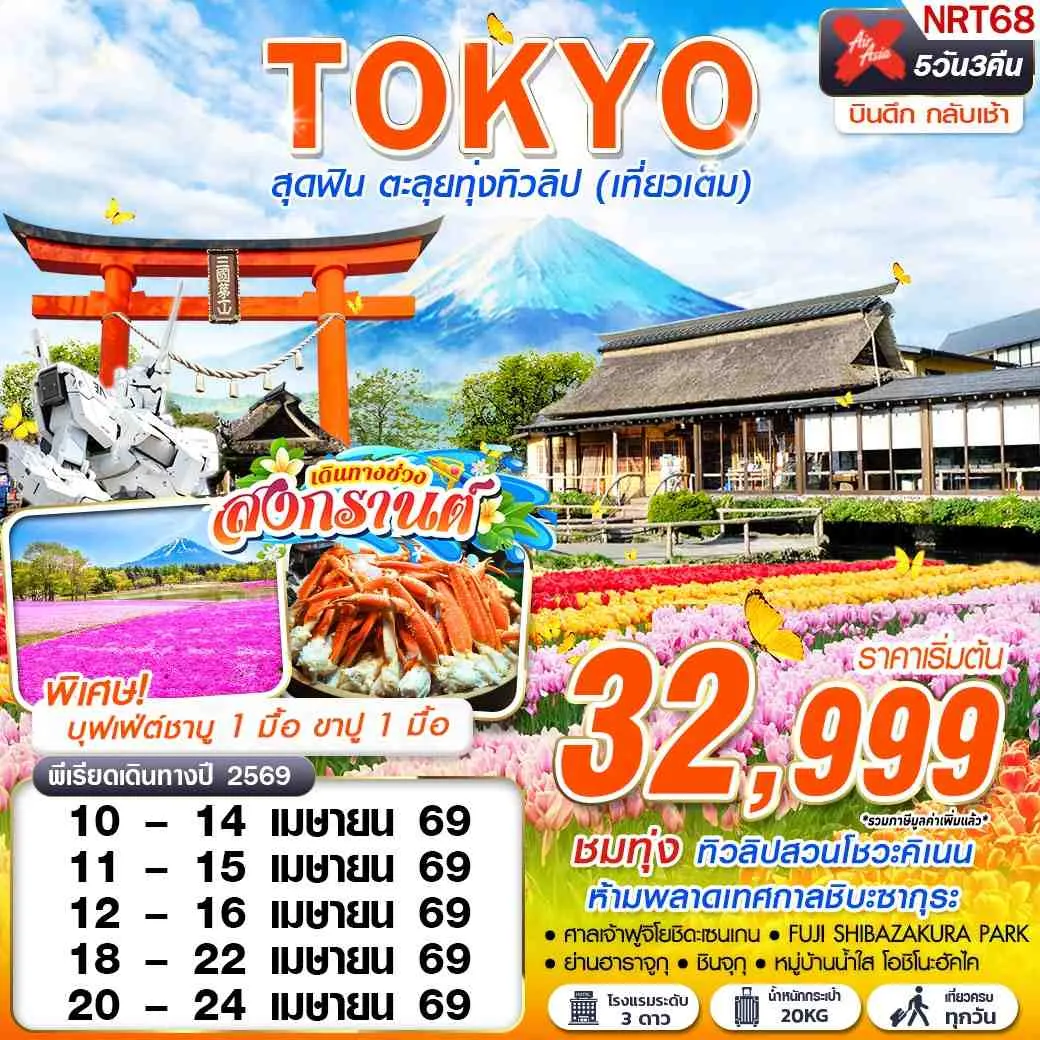 ทัวร์ญี่ปุ่น TOKYO สุดฟิน ตะลุยทุ่งทิวลิป (เที่ยวเต็ม) บินดึกกลับเช้า 5วัน 3คืน (XJ)