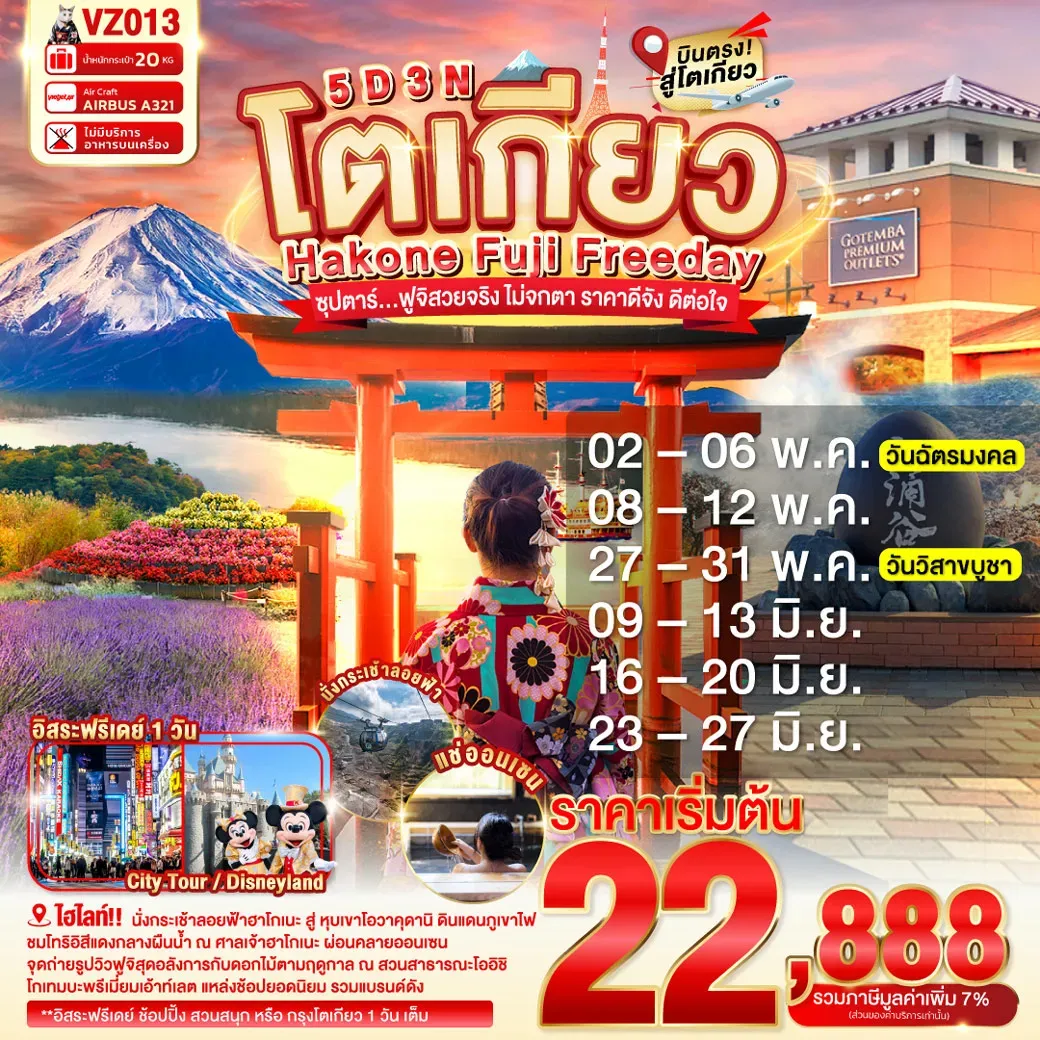 ทัวร์ญี่ปุ่น TOKYO HAKONE FUJI FREEDAY ซุปตาร์...ฟูจิสวยจริง ไม่จกตา ราคาดีจัง ดีต่อใจ 5วัน 3คืน (VZ)