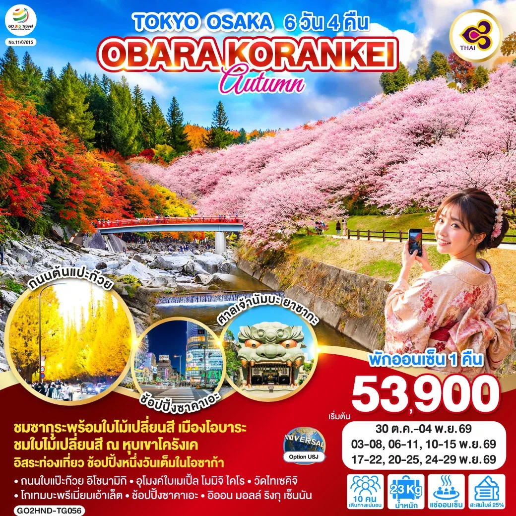 ทัวร์ญี่ปุ่น TOKYO OSAKA OBARA KORANKEI AUTUMN 6วัน 4คืน (TG)